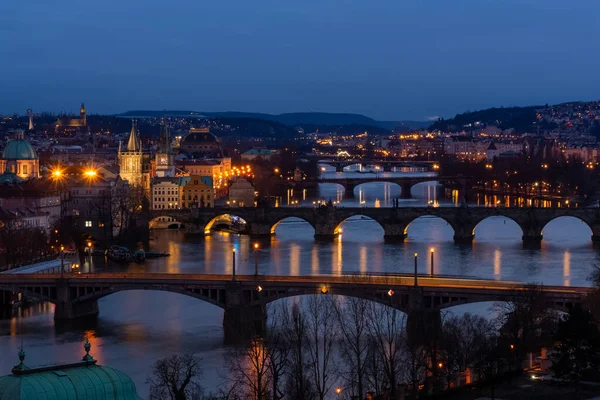 Prague Night View Bridges Vlatava River Reflection Night City Lights — Stok fotoğraf