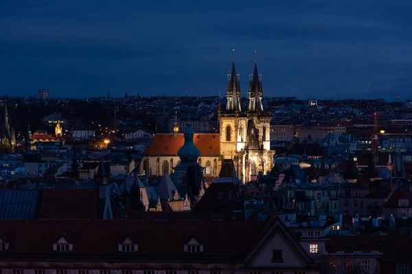 Prague Evening Church Lit Lights Cityscape — Stok fotoğraf