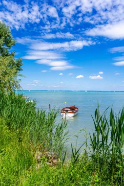 Turkuaz suyla güzel bir yaz gölü manzarası.