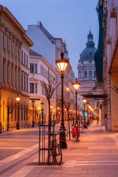 Budapeşte, St. Stephen Bazilikası sokak ışıklarının arka planına karşı