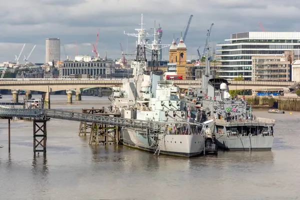 Warship Thames Backdrop City Buildings Urban Landscape Stock Photo