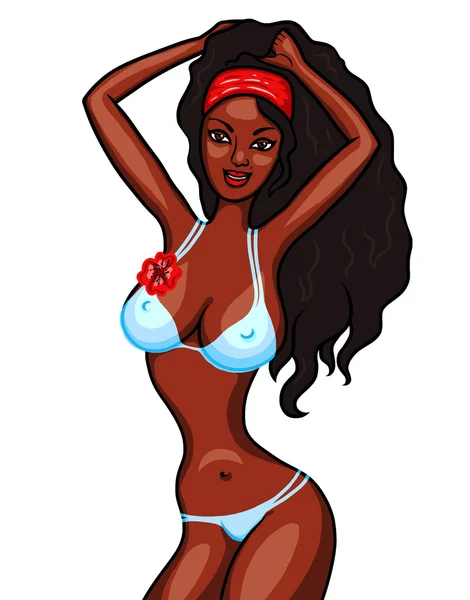 The seductive black girl in a blue bathing suit with the red flower, isolated — Stock Photo, Image