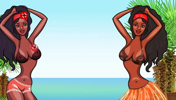 两个漂亮的细长黑女孩构成海海岸 — 图库照片