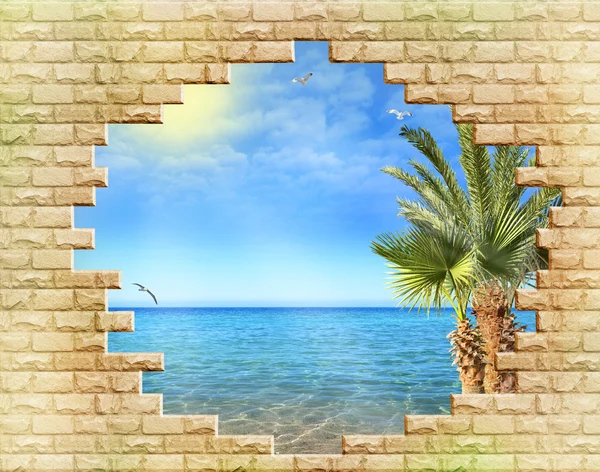 Resort seascape, view through a hole in a stone wall
