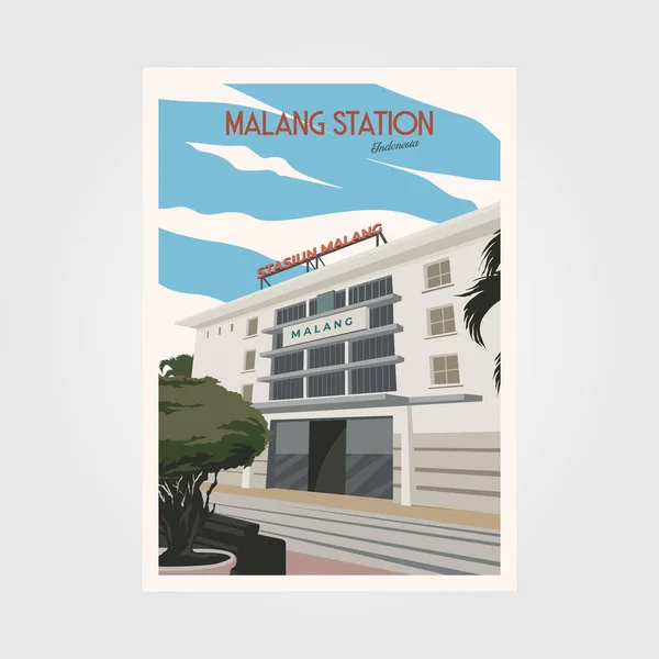 Malang Station Travel Poster Vintage Illustration Design Malang Classic Architecture — 스톡 벡터