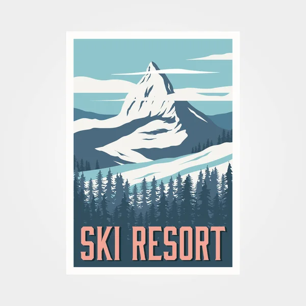 Domaine Ski Hiver Affiche Voyage Vintage Vecteur Illustration Design Montagne — Image vectorielle