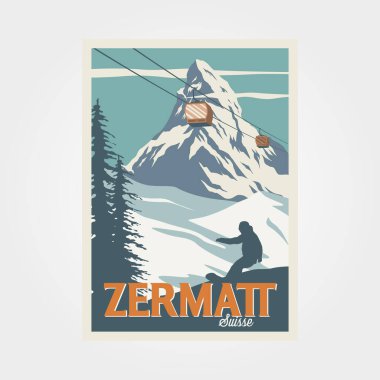 zermatt Kayak Tesisi klasik poster çizimi, İsviçre Alpleri poster tasarımı