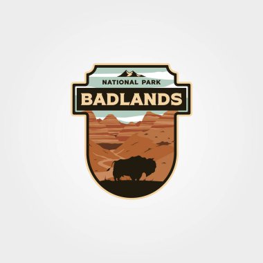 Badlands Ulusal Park logosu vintage vektör yaması çizimi, seyahat rozeti tasarımı