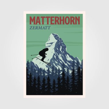 Mattterhorn Dağı poster tasarımında kayak atlayışı, Alpine Mountain kayak merkezi poster baskısı