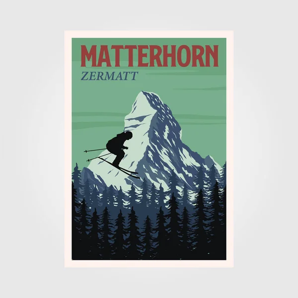 Salto Esqui Matterhorn Montanha Cartaz Design Ilustração Vintage Estância Esqui — Vetor de Stock