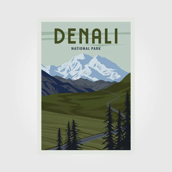 Denali Εθνικό Πάρκο Vintage Αφίσα Εικονογράφηση Σχέδιο Denali Τοπίο Άποψη — Διανυσματικό Αρχείο
