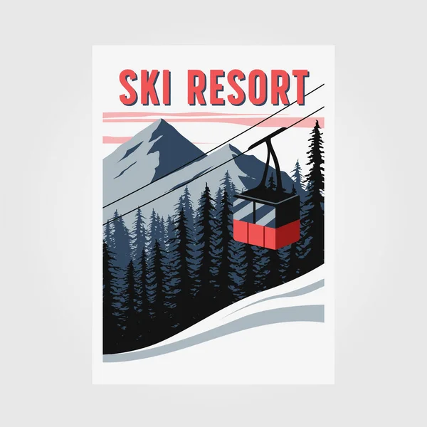 Červená Lanovka Lyžařské Středisko Plakát Vintage Vektor Ilustrace Design Sníh — Stockový vektor
