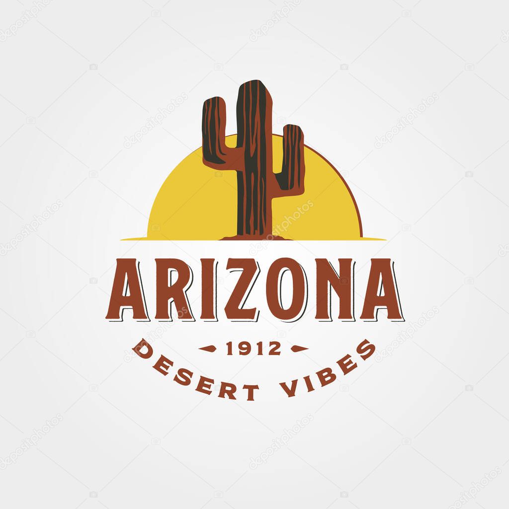 Arizona sunset and cactus logo vintage typography vector symbol illustration design