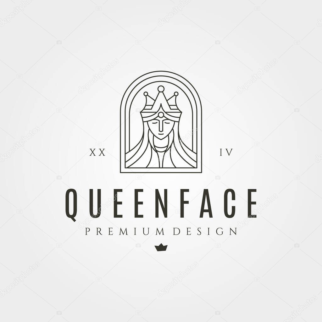Beauty queen with crown line art logo vector symbol illustration design