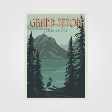 Grand Teton National Perk poster taşıyıcı vintage illüstrasyon tasarımı, Grant Teton Gölü ve dağ posteri