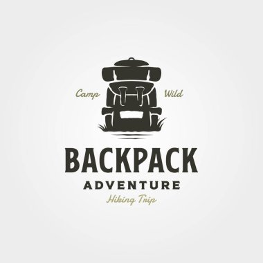 Sırt çantası vintage logo sembolü çizimi vektörü, macera yürüyüşü logosu tasarımı