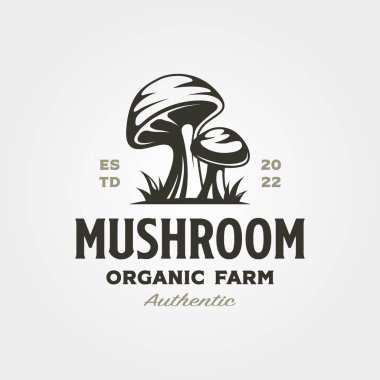 Mantar çiftliği logosu vintage vektör çizimi, Champignon mantar logosu tasarımı