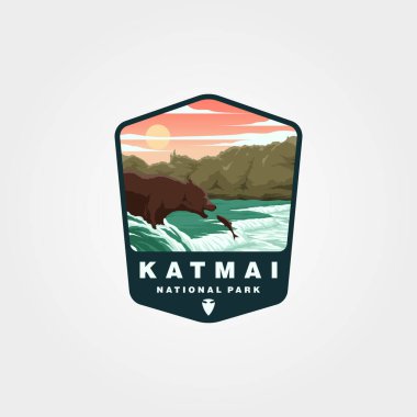 katmai national park sticker patch logo design, wild bear eat catch fish illustration design