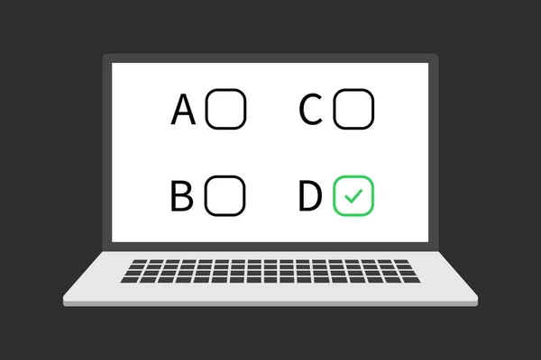 Pesquisa de formulário on-line sobre ilustração vetorial de computador, pc desktop cartoon plana mostrando ícone de documento de folha de papel exame — Vetor de Stock