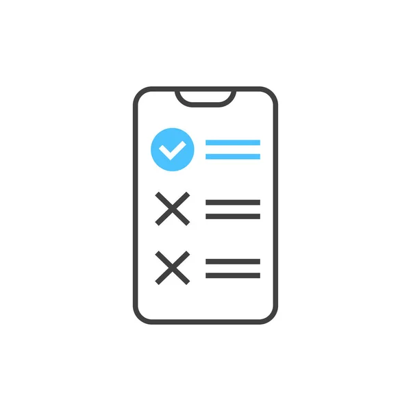 Форма контрольного списка опроса или полный список задач по телефону уведомления, телефон с галочками документ или отчет анкеты на экране, современный утвержденный тест или результаты экзамена изолированное изображение — стоковый вектор
