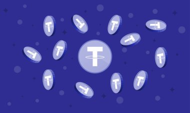 Bağlantı ya da USDT şifreli para birimi temalı arka plan. Düşen madeni paralar illüstrasyonu.