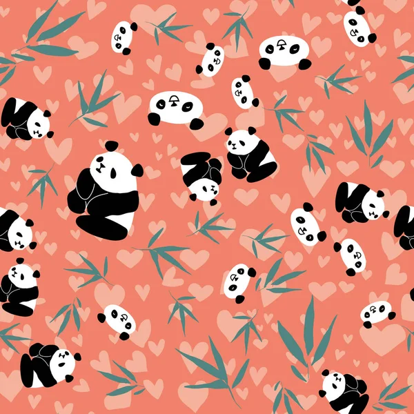 Panda Bamboo Heart Seamless Pattern — Wektor stockowy