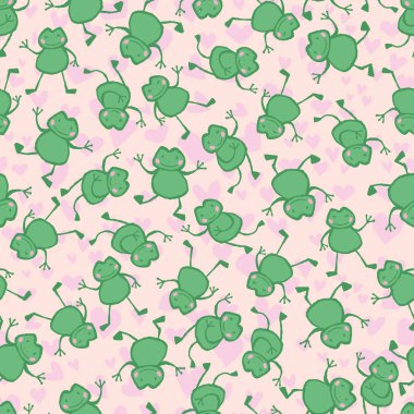 Kurbağa sevgisi kusursuz desen. Vektör çizimi. Parti, moda, dekorasyon, tekstil tasarımı, arka plan, illüstrasyon, halı, döşeme ve halı için mükemmel.