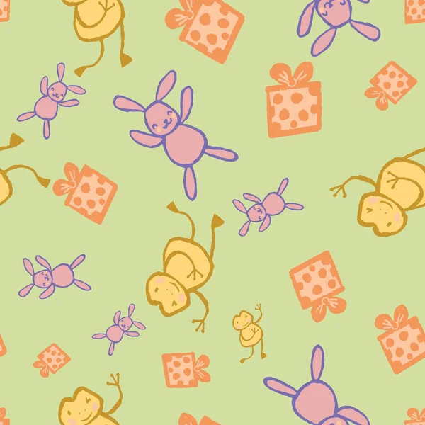 Frog Bunny Rabbit Gift Ribbon Seamless Pattern Vector Illustration Perfect — Vector de stock
