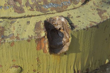 Yeşil eski bir demir duvarda kahverengi paslı bir delik deformasyonu