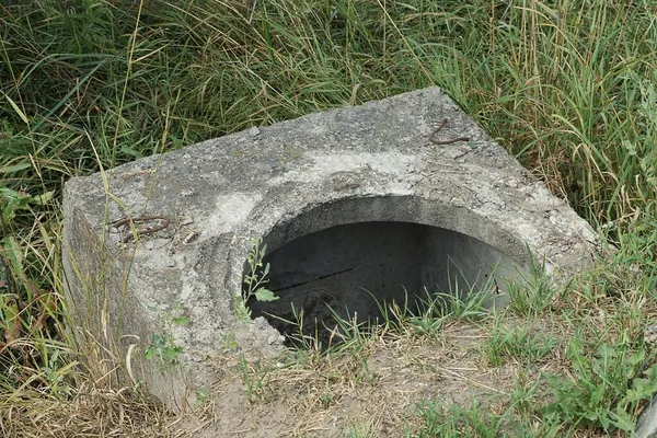 Kanalizasyonun Gri Beton Tabakası Kapağı Açık Dışarısı Yeşil — Stok fotoğraf