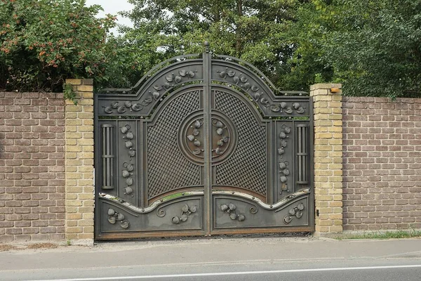 One Big Gray Black Metal Gate Iron Wrought Iron Pattern — Stock Photo, Image