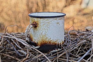 Eski bir kömürleşmiş metal kupa dışarıdaki gri kuru bitki örtüsünün üzerinde duruyor.