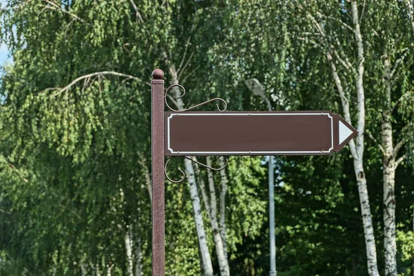 One Brown Iron Arrow Pointer Iron Pole Park Background Green — Stock Photo, Image