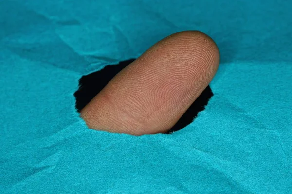 One Brown Finger Hole Piece Blue Paper — Foto Stock