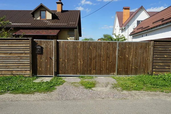 Closed Brown Rural Wooden Gate Door Wall Fence Made Planks — стоковое фото