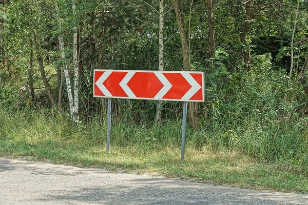 One Rectangular Road Sign Turning Direction Red White Arrows Green — стоковое фото