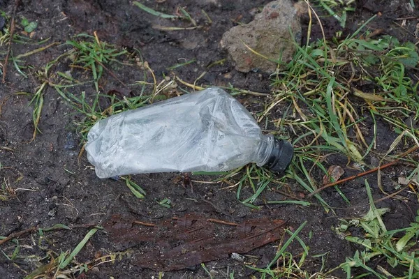 Garbage One Big White Plastic Bottle Lies Green Grass Black — Fotografia de Stock