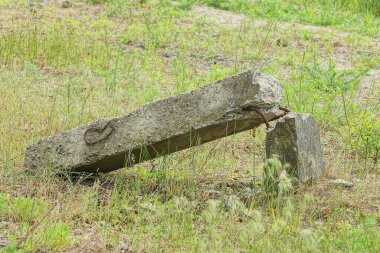 Kırık beton bir sütun sokağın yeşil çimlerinde yatıyor.