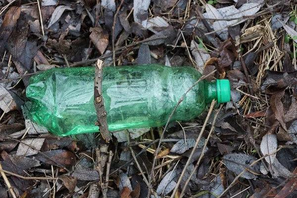 Одна Велика Зелена Пластикова Пляшка Лежить Коричневій Землі Листя Лісі — стокове фото