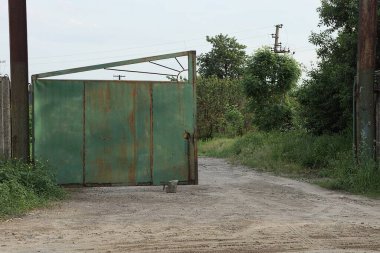 Açık yeşil metal eski kapı kahverengi pas içinde sokakta bitki örtüsü arasında