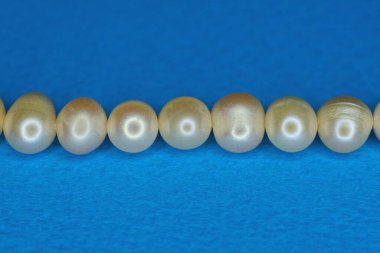 Bir sıra gri beyaz inci boncuk mavi bir masada yatıyor.