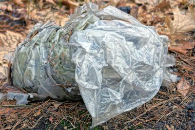 Doğada kahverengi kuru yaprakların üzerine dökülen bir dalın üzerindeki beyaz, eski bir plastik torbadan çıkan çöpler.