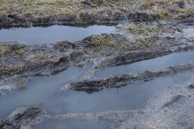 Kirli su birikintileri ve siperler kuru otların yanındaki kırsal bir yolun gri toprağı.