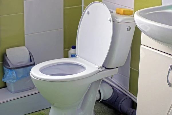 One White Ceramic Open Toilet Stands Room — стоковое фото