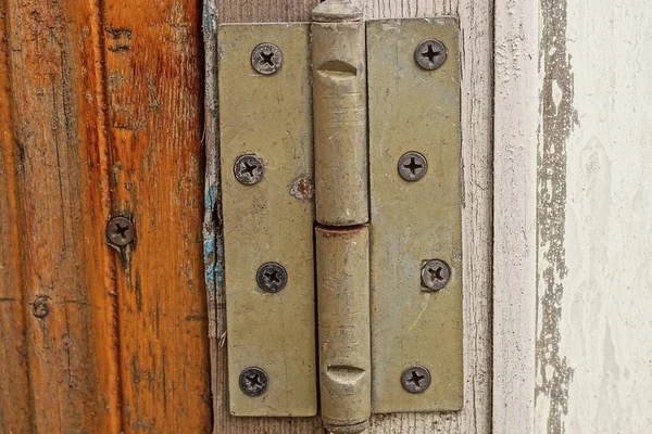 One Gray Iron Door Hinge Brown White Plank Wooden Window — Fotografia de Stock