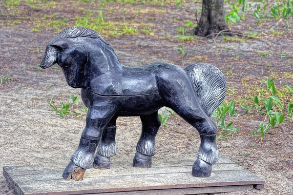 One Black Decorative Wooden Model Horse Stands Park — ストック写真