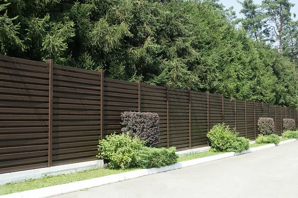 Long Brown Wooden Wall Fence Front Row Coniferous Green Trees — Foto Stock