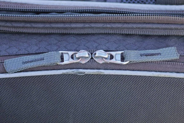 Two White Metal Zips Gray Fabric Old Bag —  Fotos de Stock
