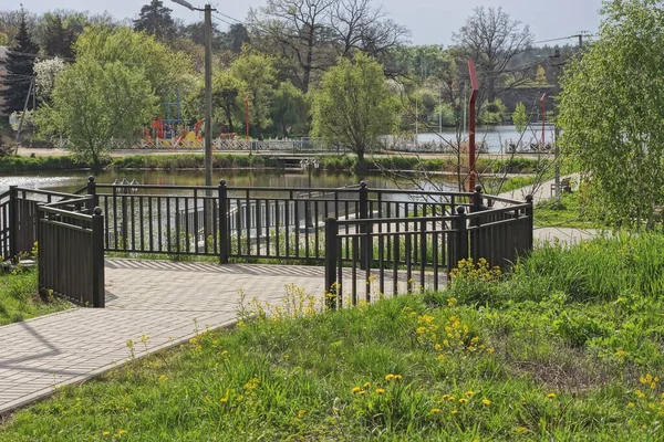 Kaldırım kenarındaki demir parmaklıklardan yapılmış gri dekoratif metal çit. Su ve ağaçların arka planına karşı bir rezervuarın kıyısındaki yeşil çimlerde.