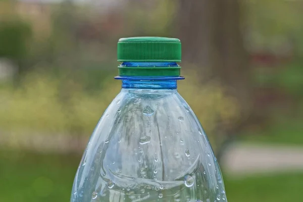 Part One Plastic Wet Bottle Closed Green Cork Street — стоковое фото